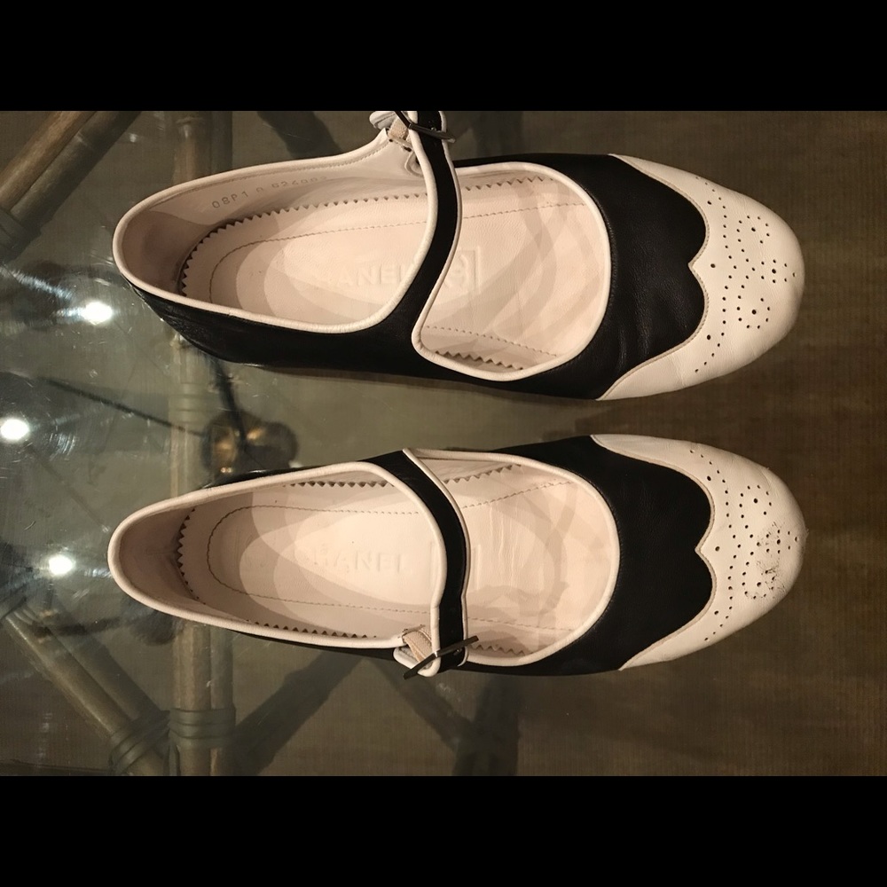 Chanel White Brogue Mary Jane Flats